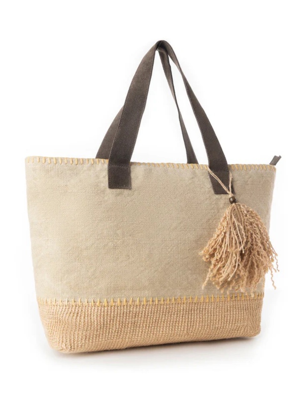 Tan Canvas Tote with Jute Tassel and Suede Handles